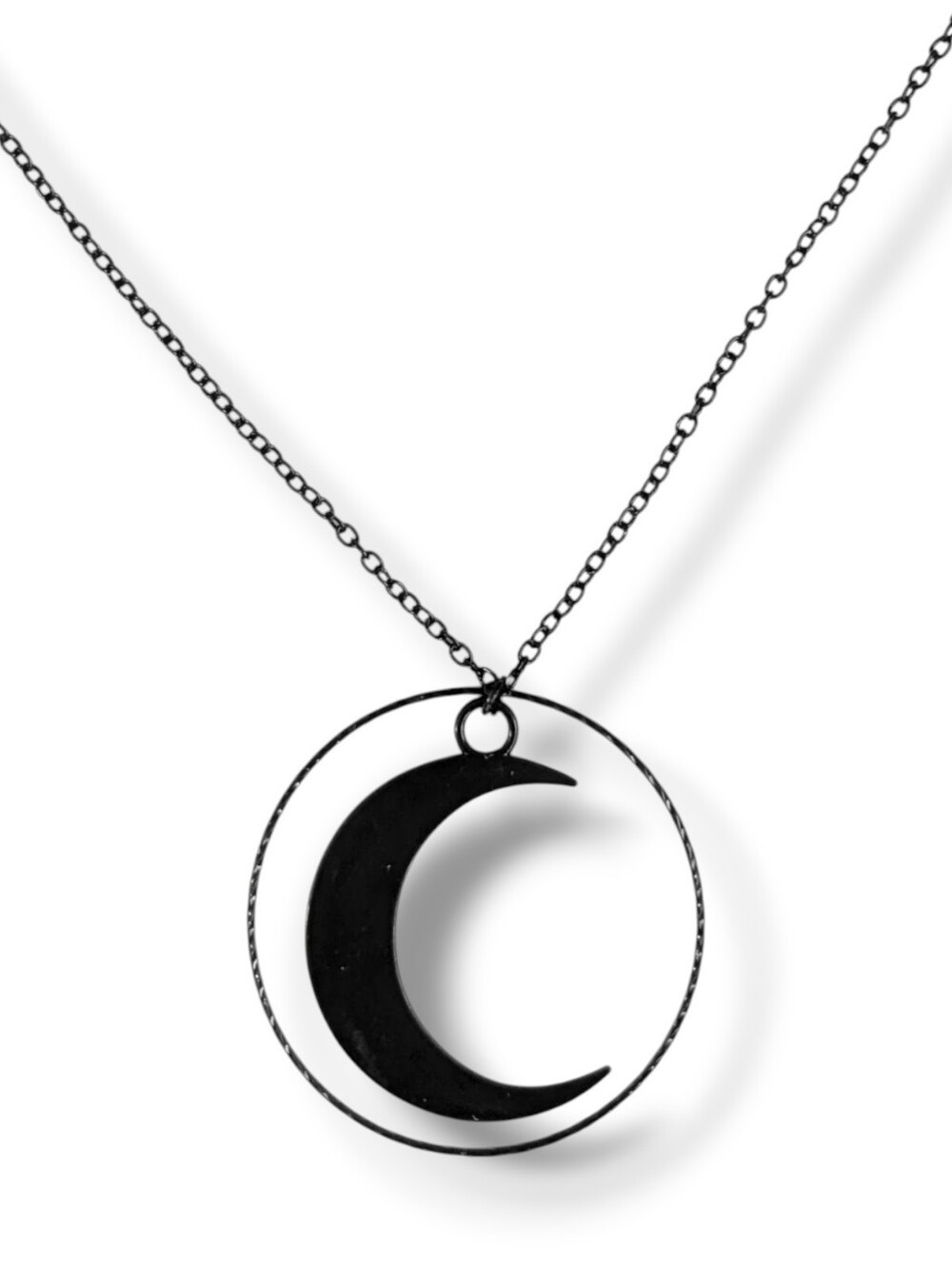 NWT Handmade Black Crescent Moon and Silver Hoop Long Layered Necklace